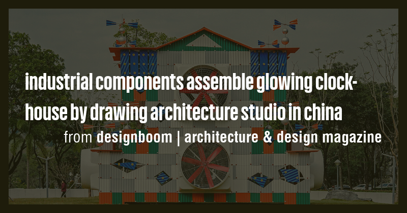 industrial components assemble glowing clock-house by drawing ...